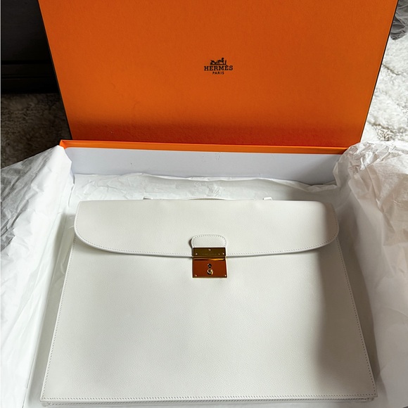 Hermes Quirus II White Leather Box Briefcase Men Women work laptop satchel - Picture 4 of 12
